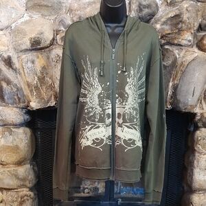 Olive Graphic Zip-Up Bomber Hoodie Jacket